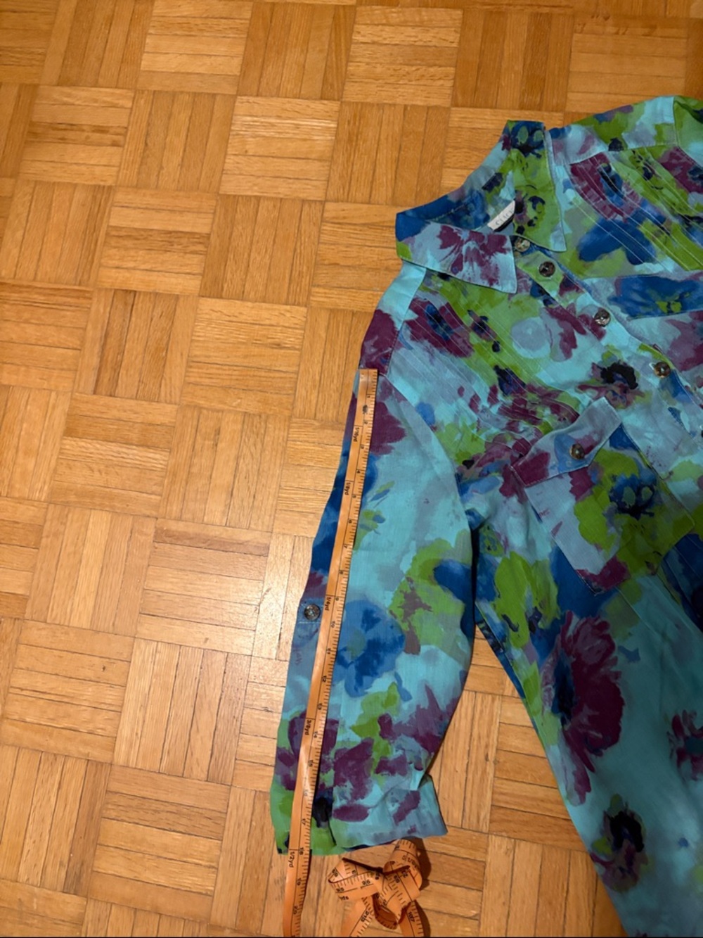 Click Floral Button-Up Sheer Blouse in Aqua, Blue, Green & Magenta - Picture 5 of 10